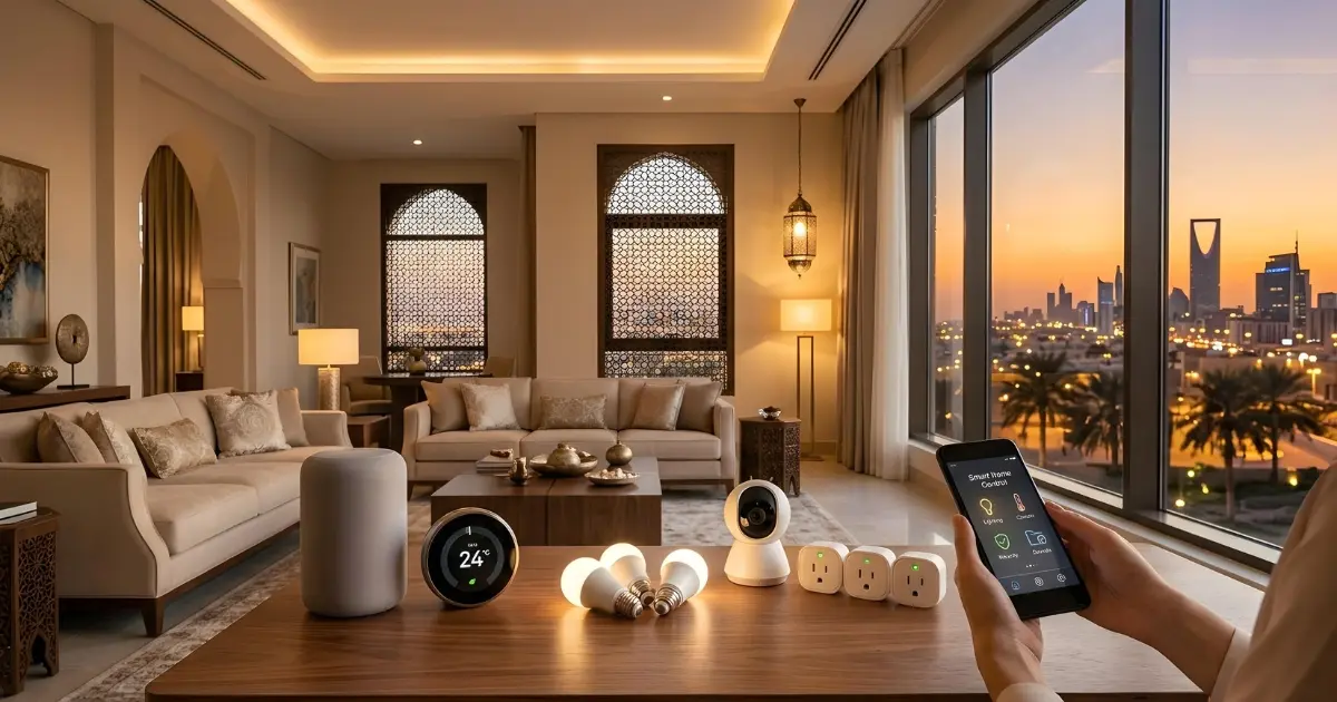 Smart home solutions setup in Saudi Arabia with security, lighting, and control panel